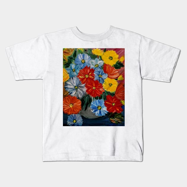 A beautiful bouquet of mixed flowers in a silver vase . Using Blod vibrant background colors Kids T-Shirt by kkartwork